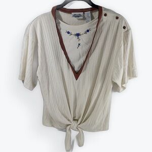 The Villager Women's Cream Top with Embroider Collar Detail Vintage Large